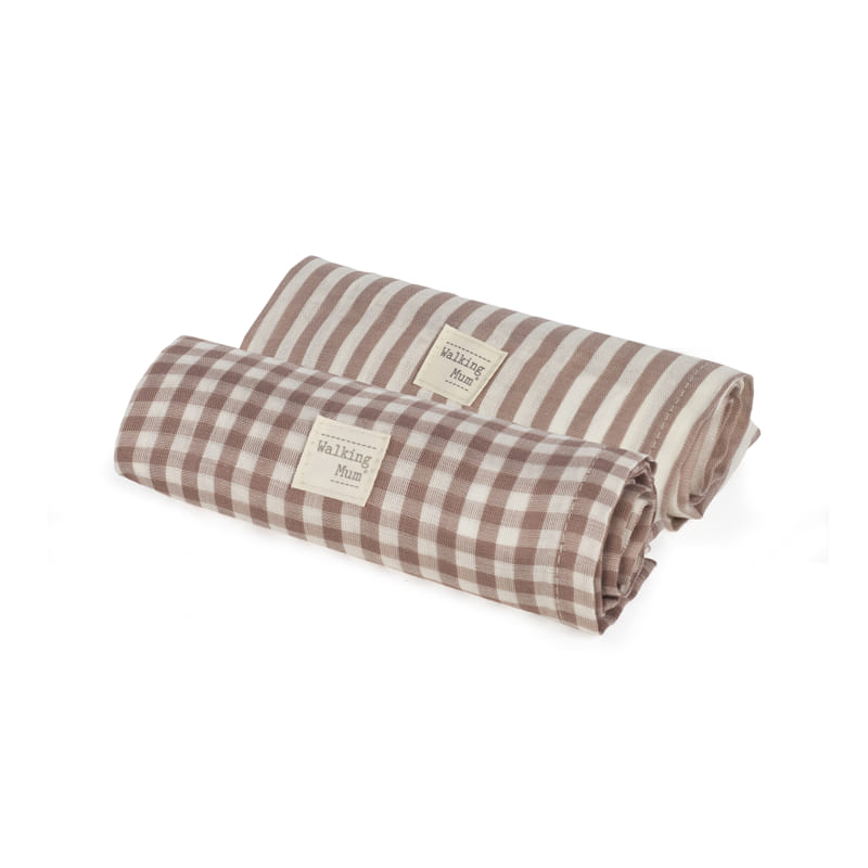 Walking Mum - Conjunto de 2 Fraldas Musselines 70x70 Vichy/Strips Moka