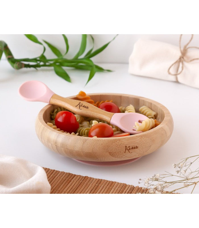 Conjunto de Papa Bambu e Silicone Rosa - Kiokids