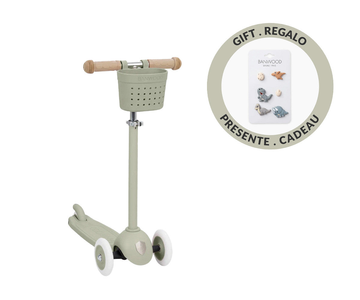 Banwood  - Trotinete Eco Scooter com Cesta Pin&Ride Olive