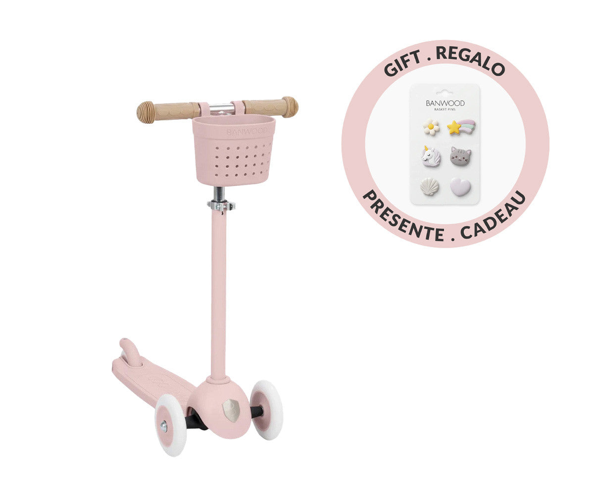 Banwood  - Trotinete Eco Scooter com Cesta Pin&Ride Faded Pink