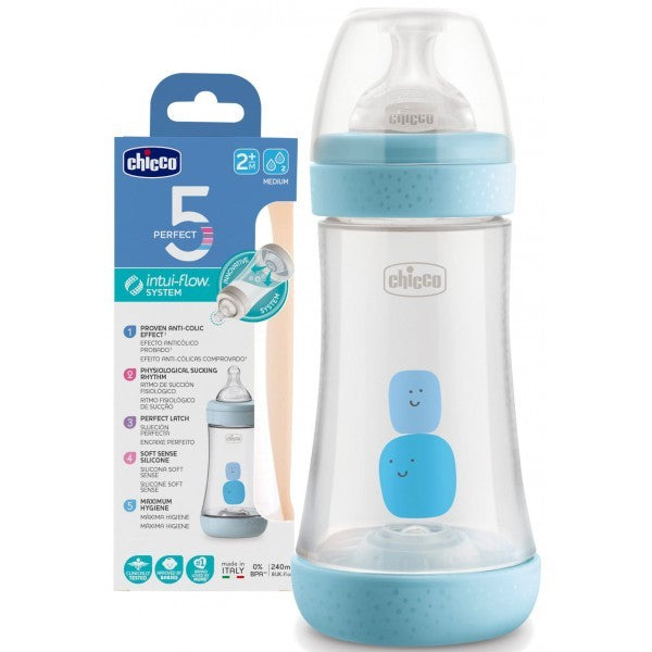 Chicco - Biberão Perfect5 240ml Azul Fluxo Médio 2M+