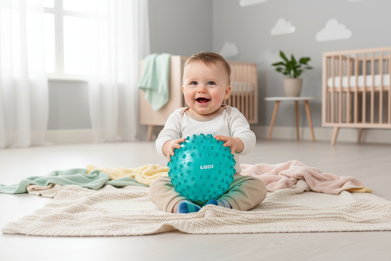 Bebé a brincar com bola sensorial LUDI - Ambiente Acolhedor