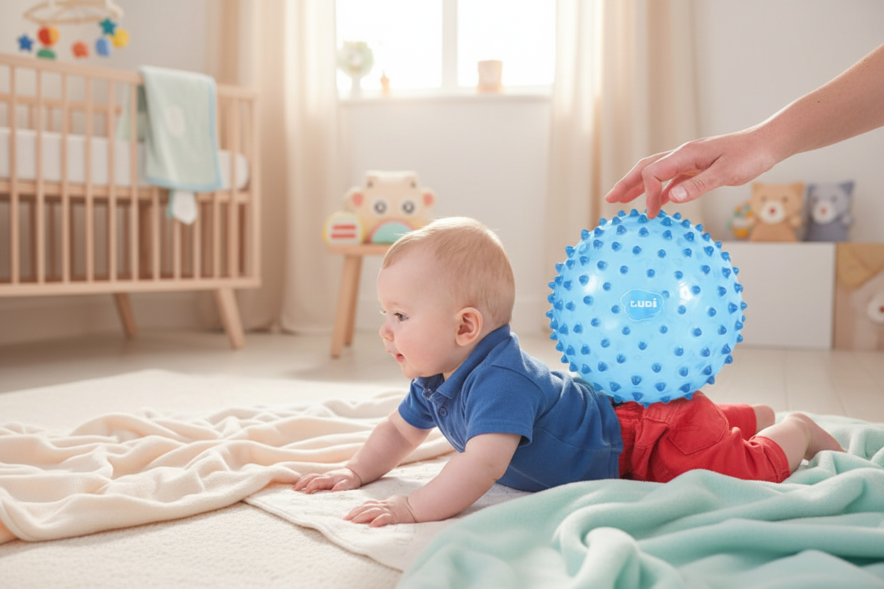 Bebé com bola sensorial - Momento Acolhedor e Mimoso