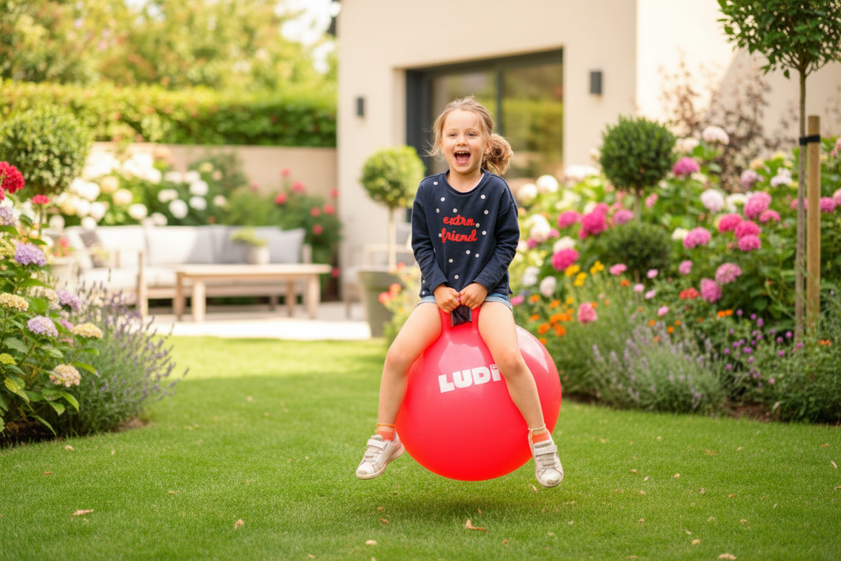 Criança a brincar com bola saltitona LUDI - Jardim