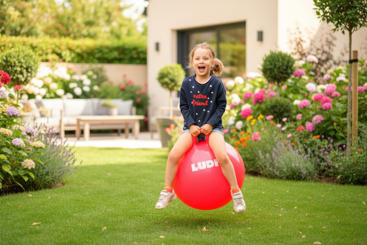 Criança a brincar com bola saltitona LUDI - Jardim