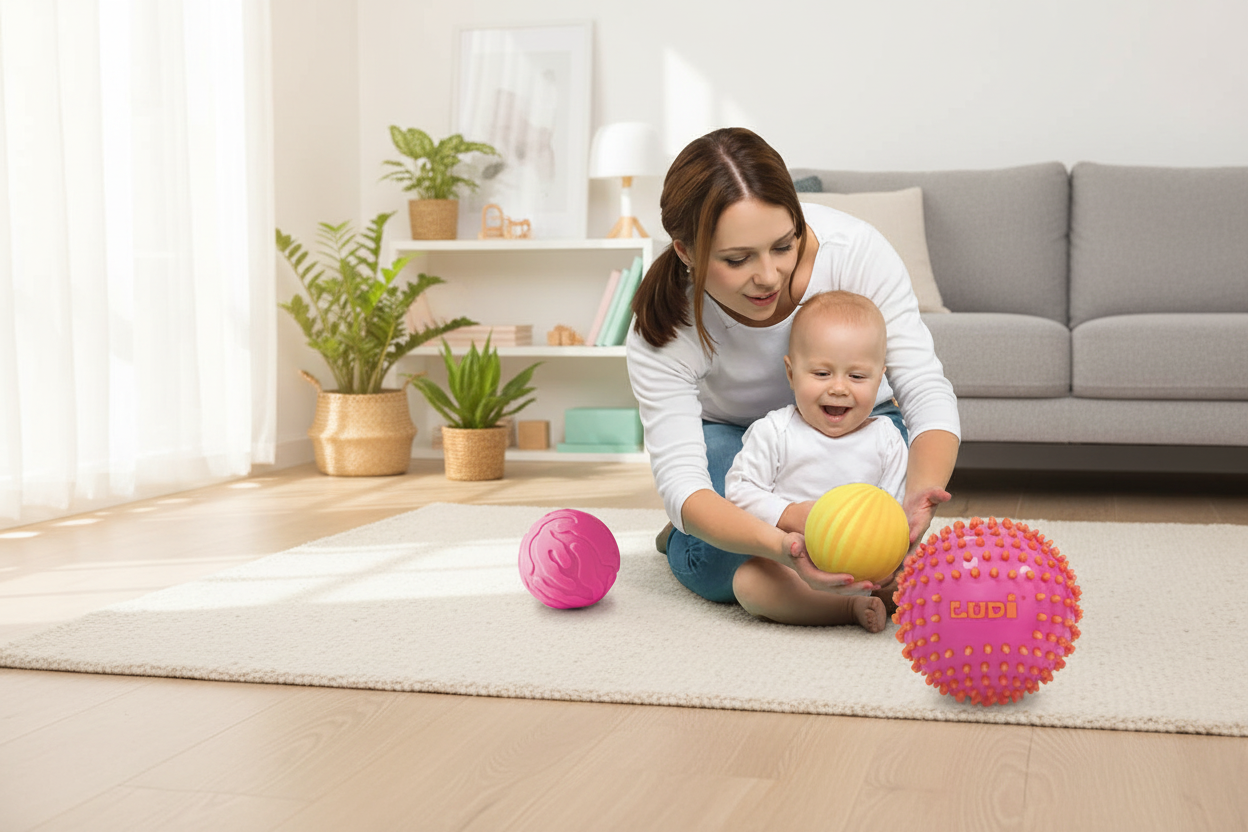 Criança a brincar com bolas sensoriais - Ambiente Acolhedor