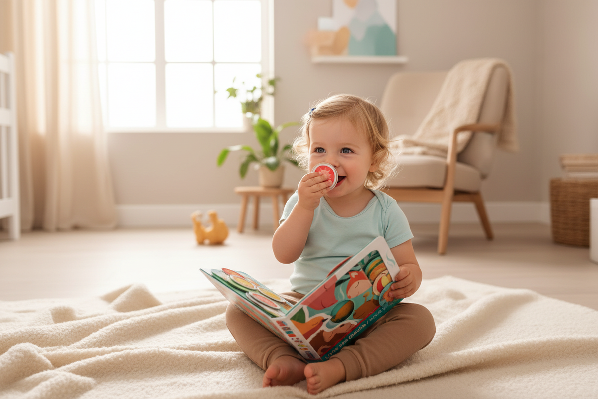 Criança a brincar com livro de cheiros LUDI - Ambiente Acolhedor