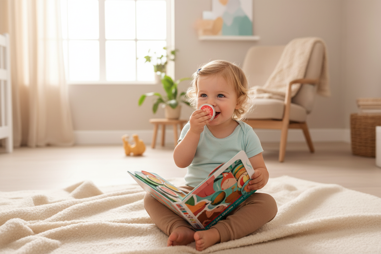 Criança a brincar com livro de cheiros LUDI - Ambiente Acolhedor