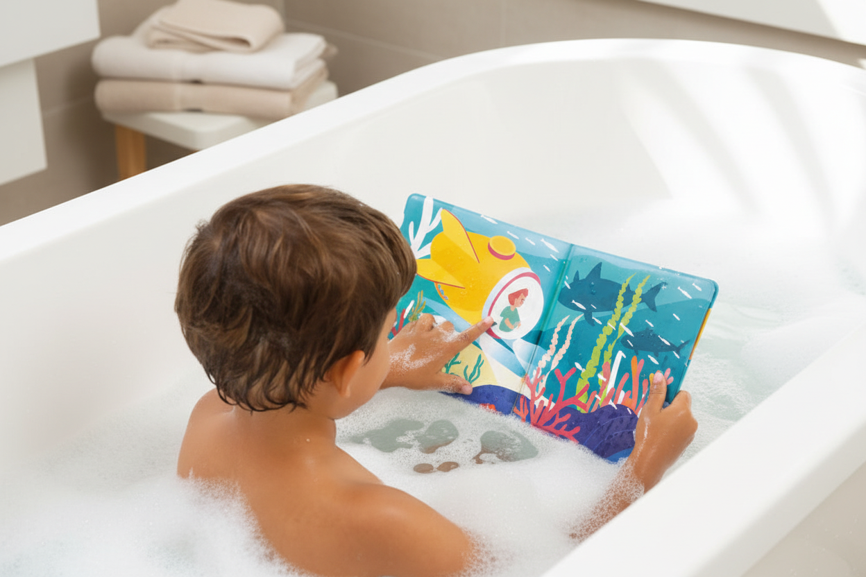 Criança a brincar no banho com livro mágico - Ambiente Acolhedor