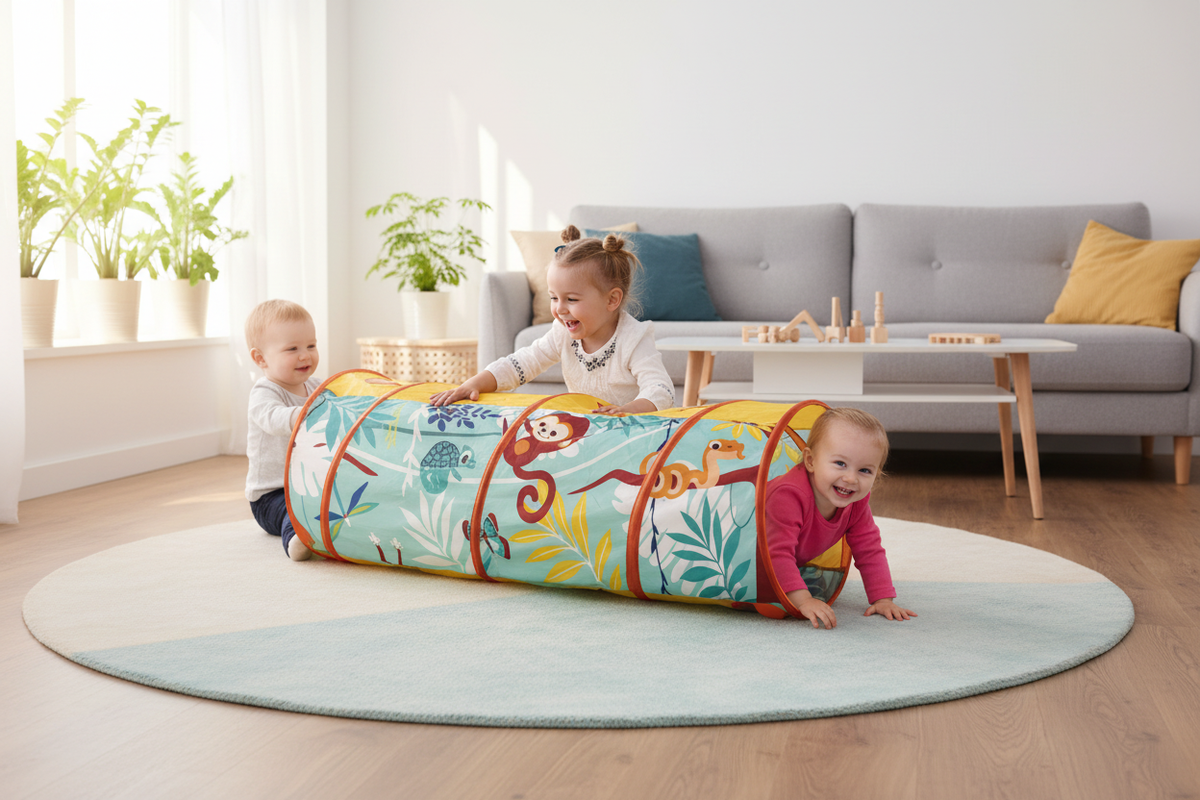 Crianças a brincar com túnel de jogo LUDI - Ambiente Acolhedor