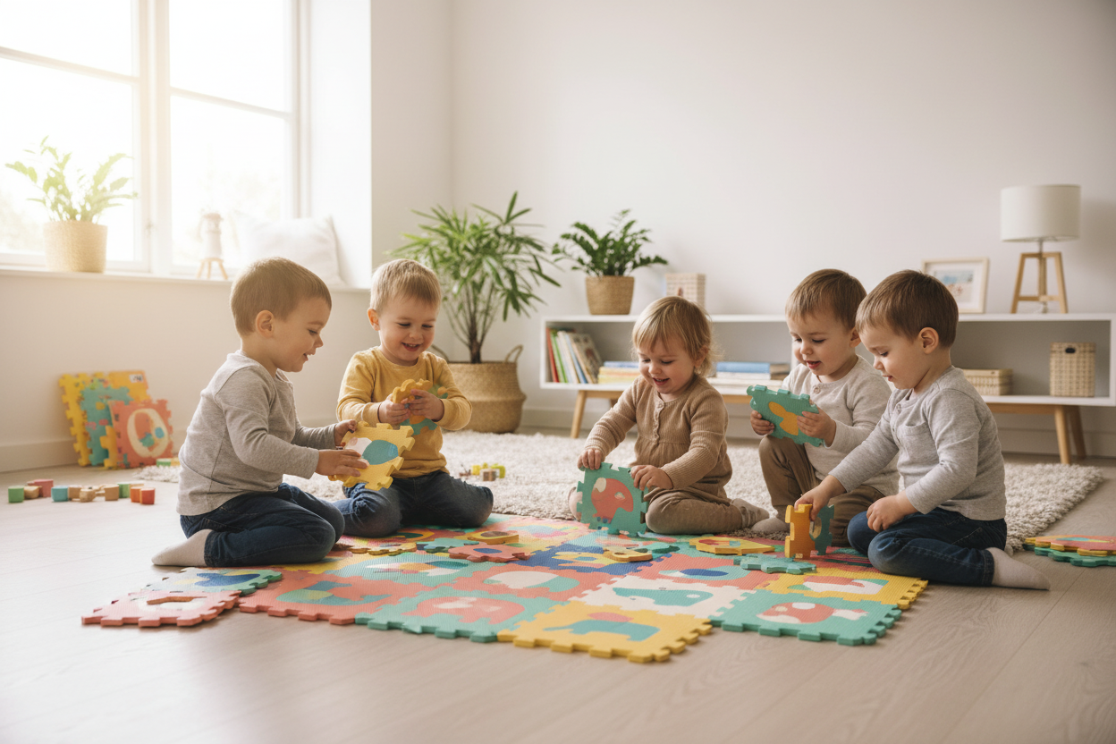 Crianças a brincar no tapete de espuma LUDI - Ambiente Acolhedor