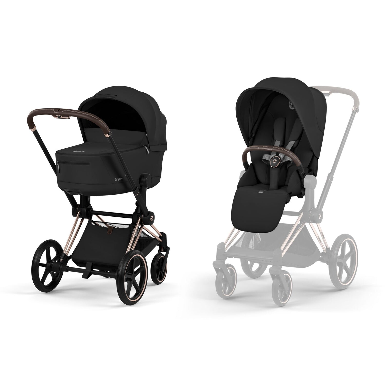 Cybex -Conjunto Duo Carrinho Priam RoseGold Sépia Black + Alcofa Dobrável