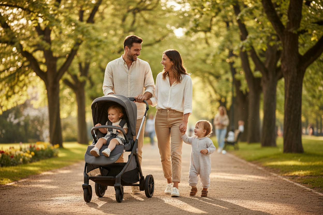 Família em passeio com carrinho