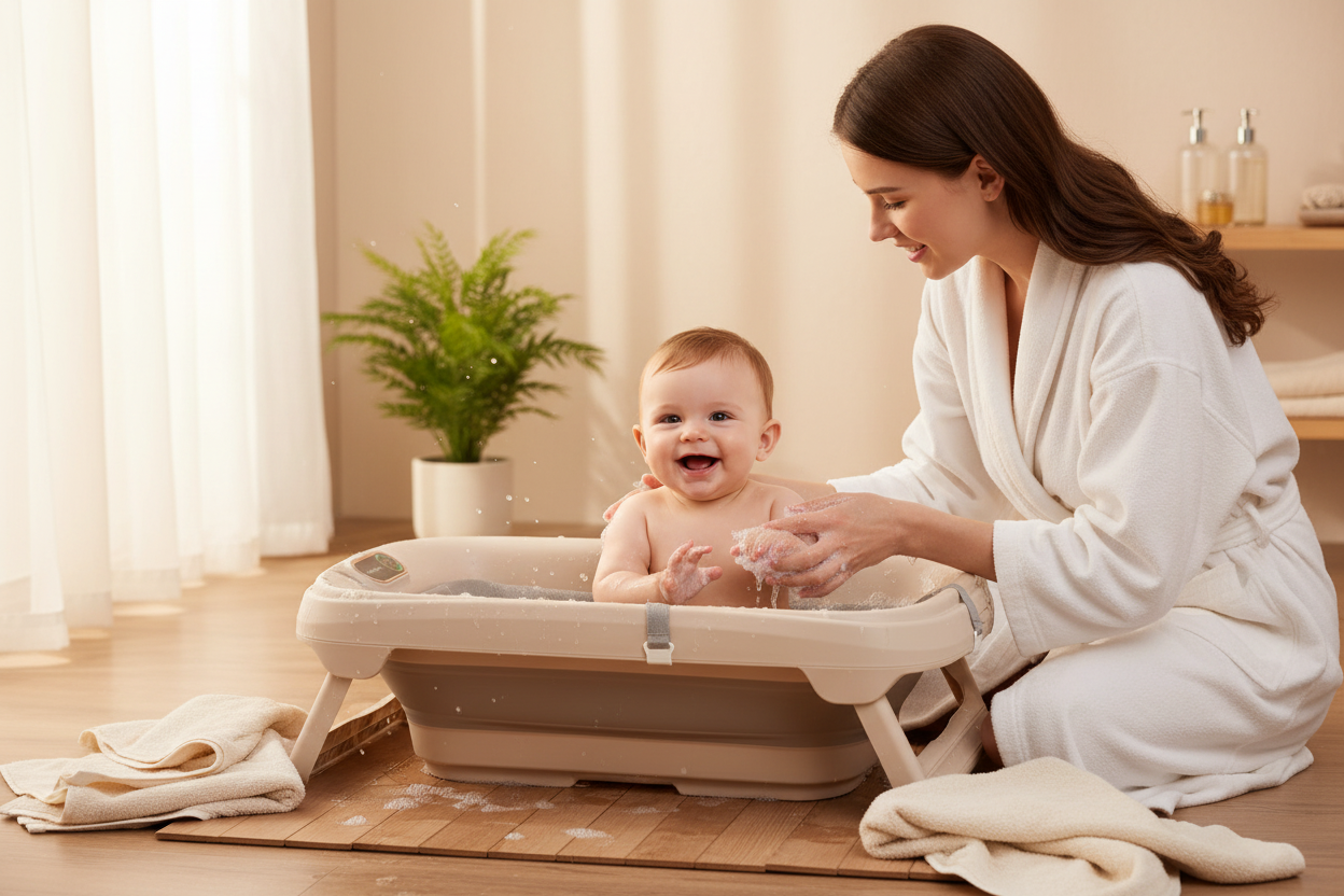 Mãe a dar banho ao bebé - Banheira Dobrável