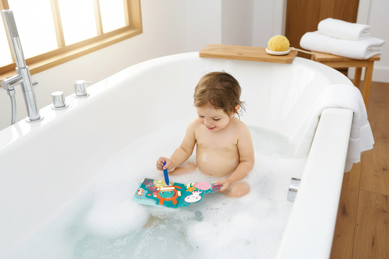 Menino a brincar no banho com livro aquático - Ambiente Acolhedor