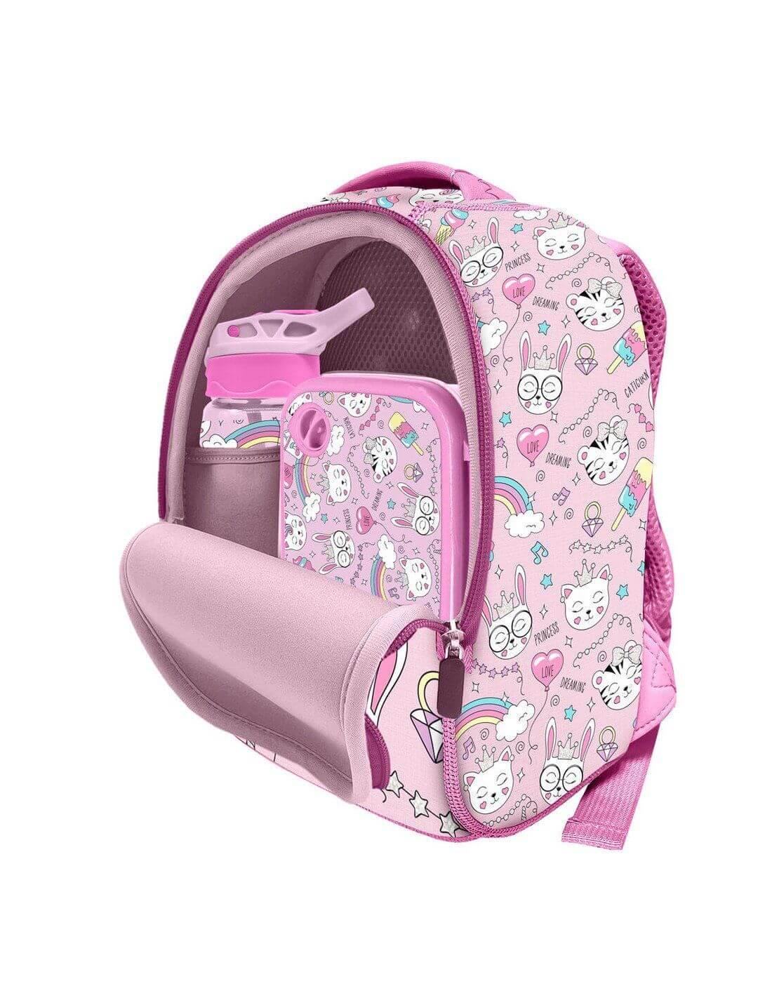 Mochila + porta Moedas Gatos Neoprene Kids 26cm - Water Revolution