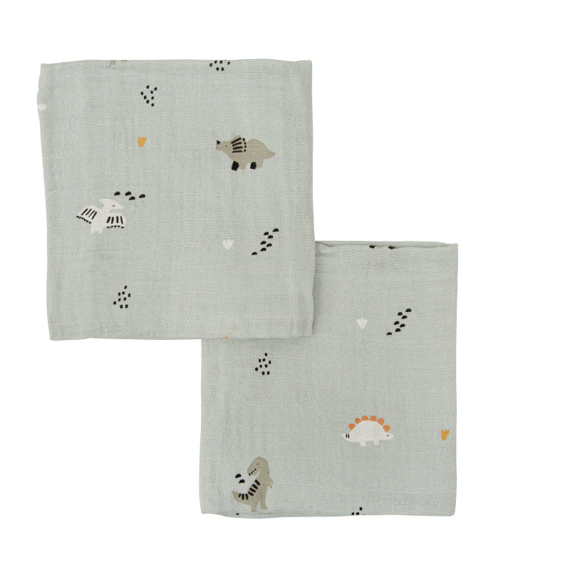 BimbiDreams - Conjunto de 2 Musselines Bambu e Algodão Orgânico 60x60 Dinossauros Bronto