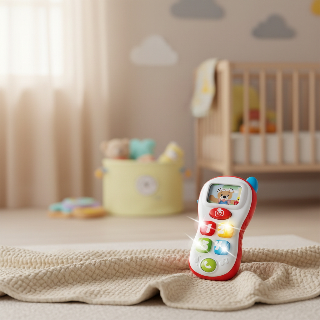 Telemóvel de brinquedo em ambiente acolhedor